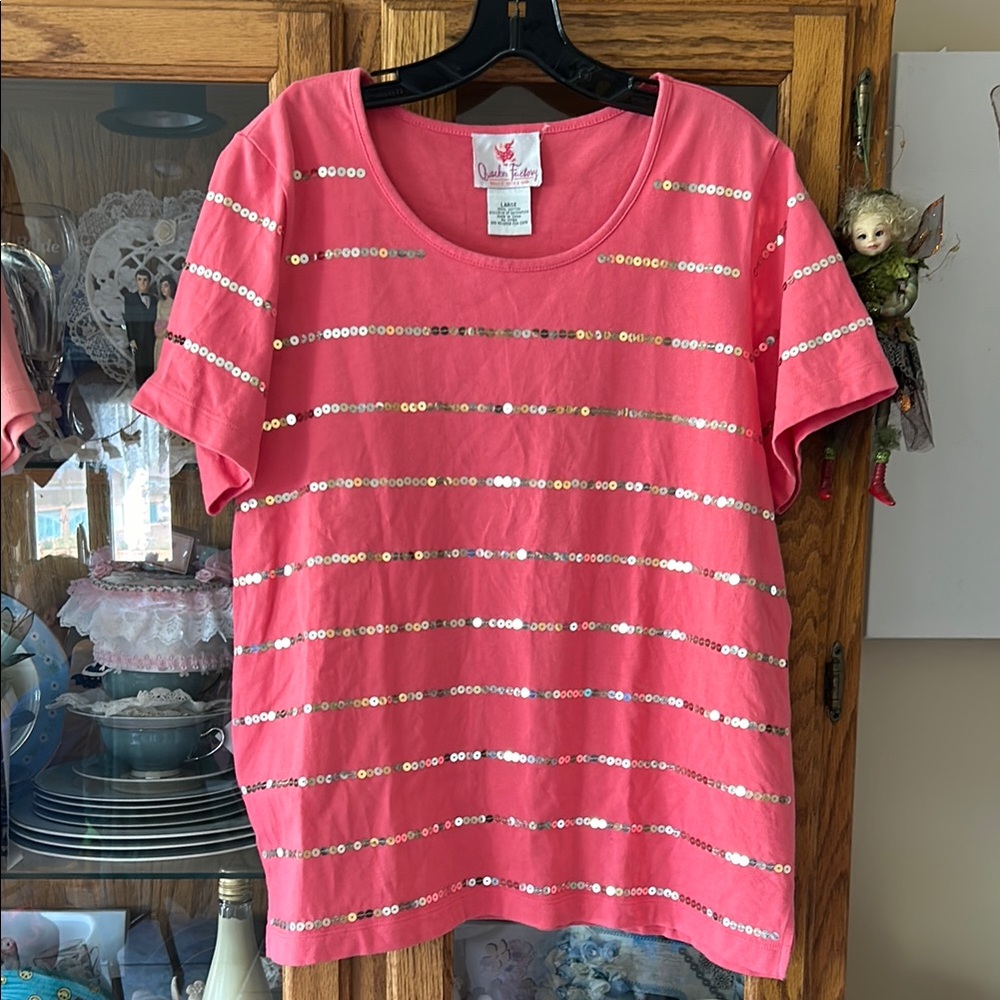Quacker Factory Coral Sequin Tee